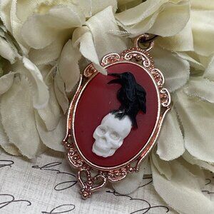 ROSE Gold Red Gothic Crow Raven Rose Skull Wedding Party Jewelry necklace Cameo